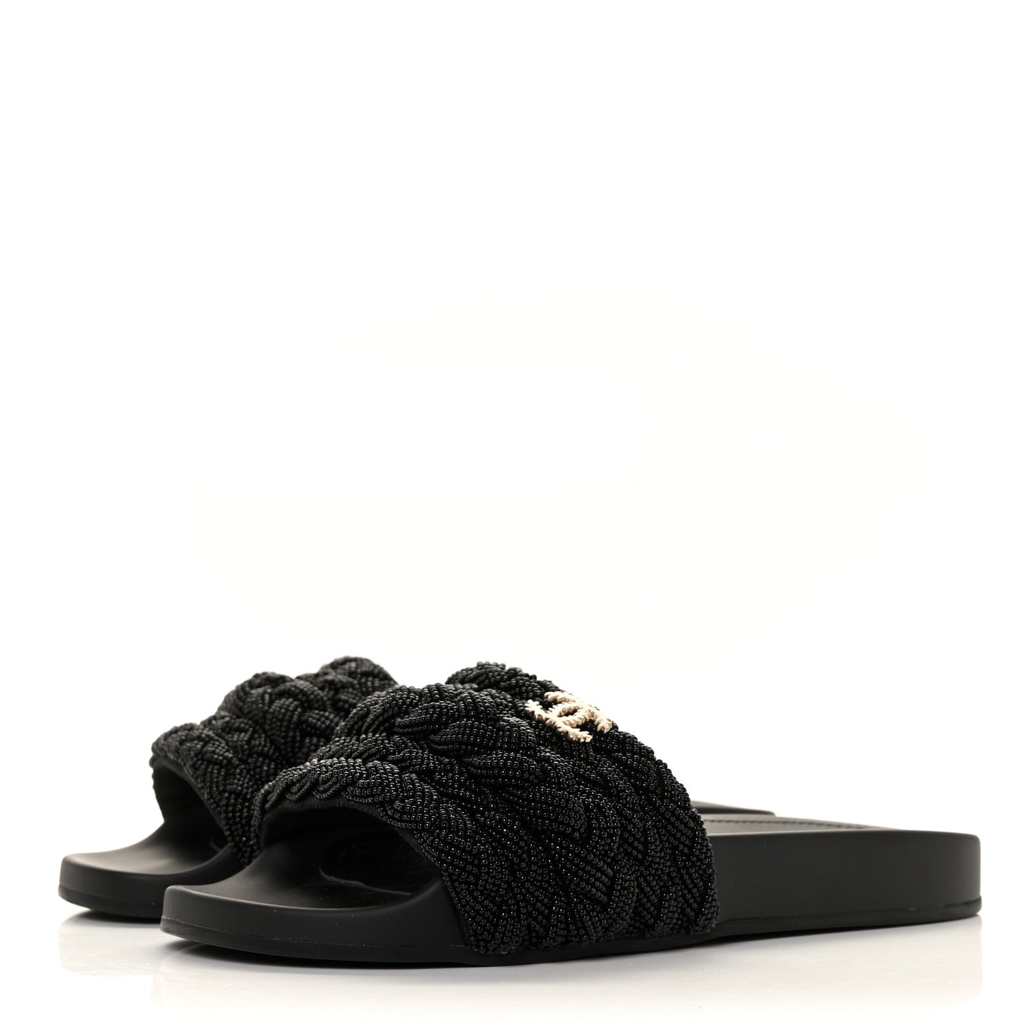 Chanel Lambskin Pearl Beaded Woven Slides 37 Black 3 of 8