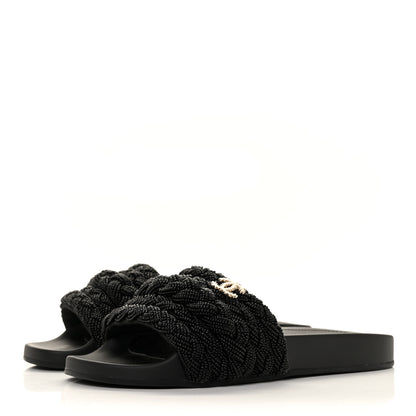 Chanel Lambskin Pearl Beaded Woven Slides 37 Black 3 of 8