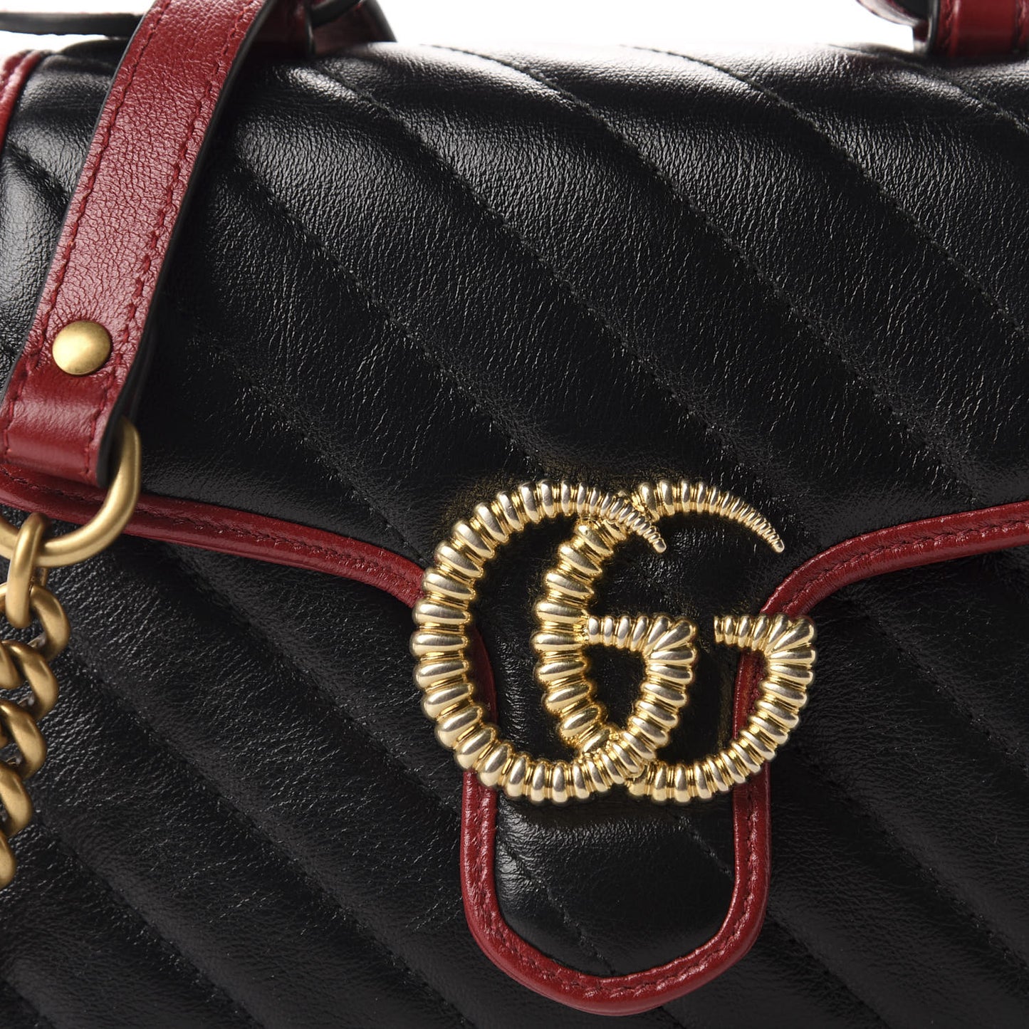 Vintage Effect Calfskin Matelasse Diagonal Mini Torchon GG Marmont Top Handle Shoulder Bag Black Romantic Cherry