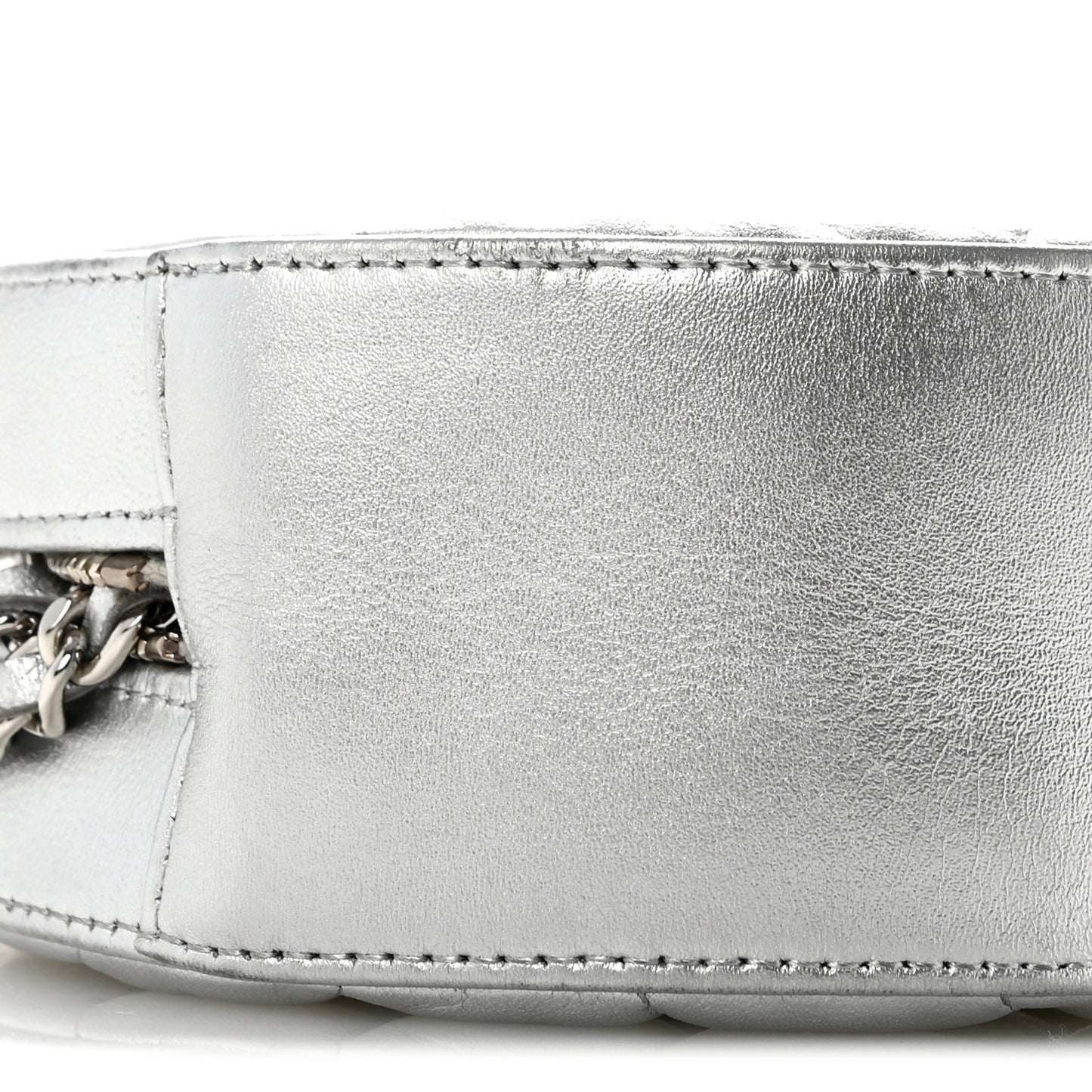 Metallic Calfskin Quilted Round Bracelet Clutch With Chain Silver