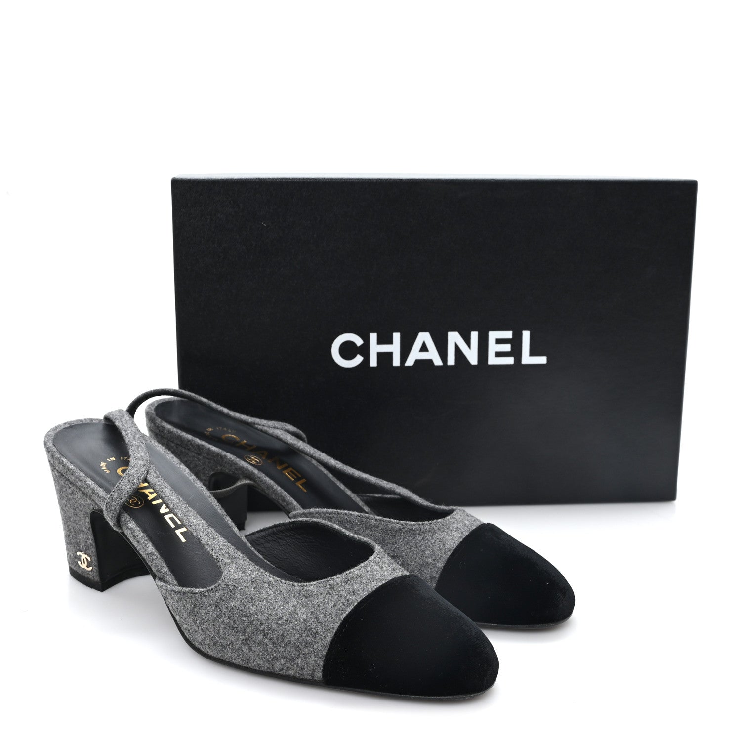 Chanel Tweed Patent Cap Toe CC Slingback Pumps 36.5 Gray 10 of 10