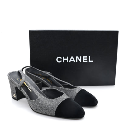 Chanel Tweed Patent Cap Toe CC Slingback Pumps 36.5 Gray 10 of 10