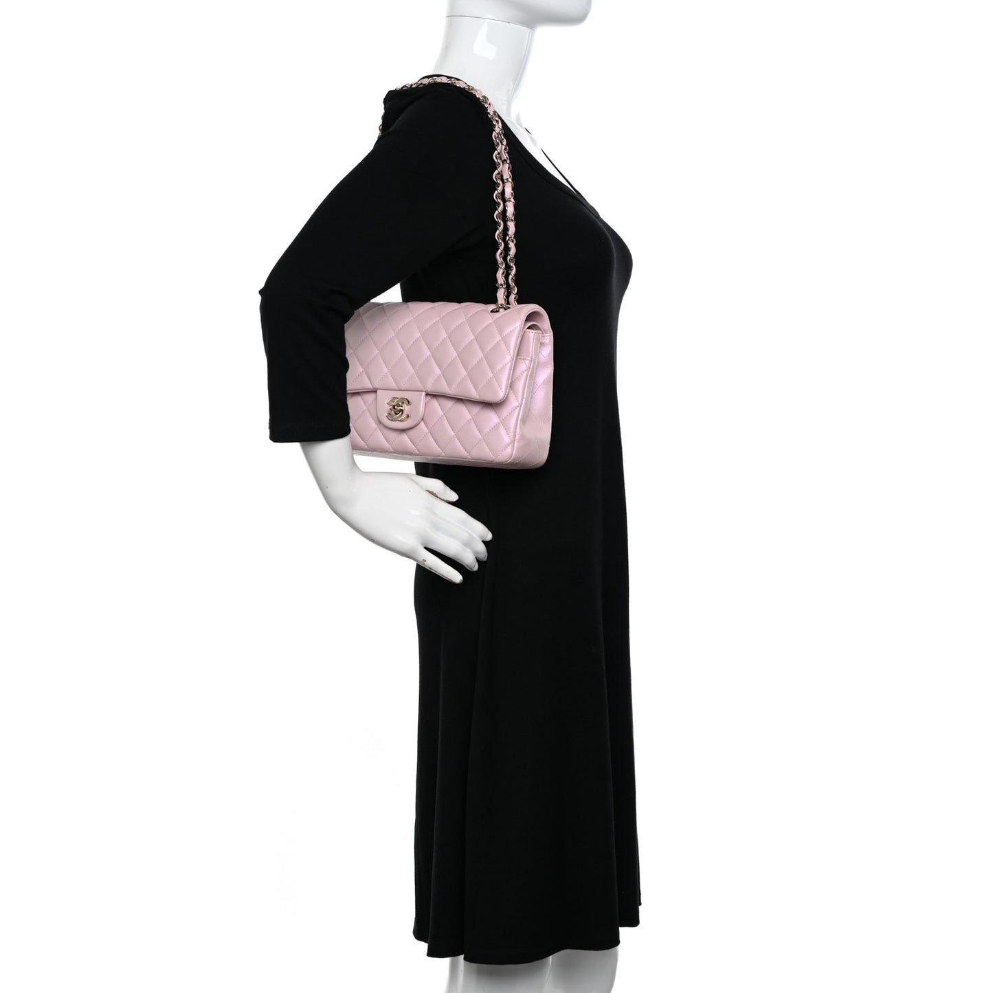 Iridescent Calfskin Quilted Medium Double Flap Light Pink