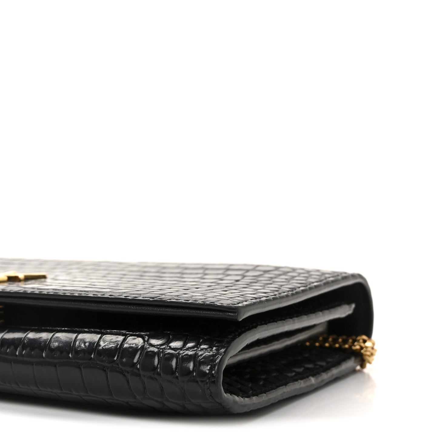 Calfskin Crocodile Embossed Monogram Chain Wallet Black