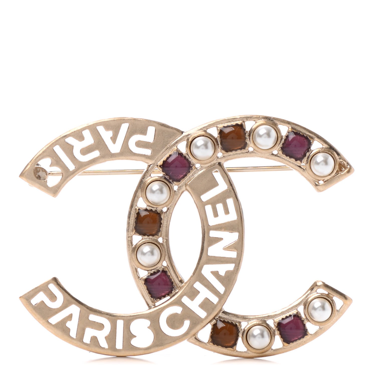 Chanel Crystal Pearl Glass CC Logo Brooch Gold Pink Orange 1 of 3