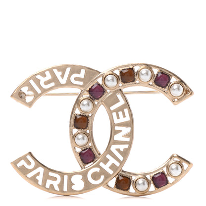 Chanel Crystal Pearl Glass CC Logo Brooch Gold Pink Orange 1 of 3