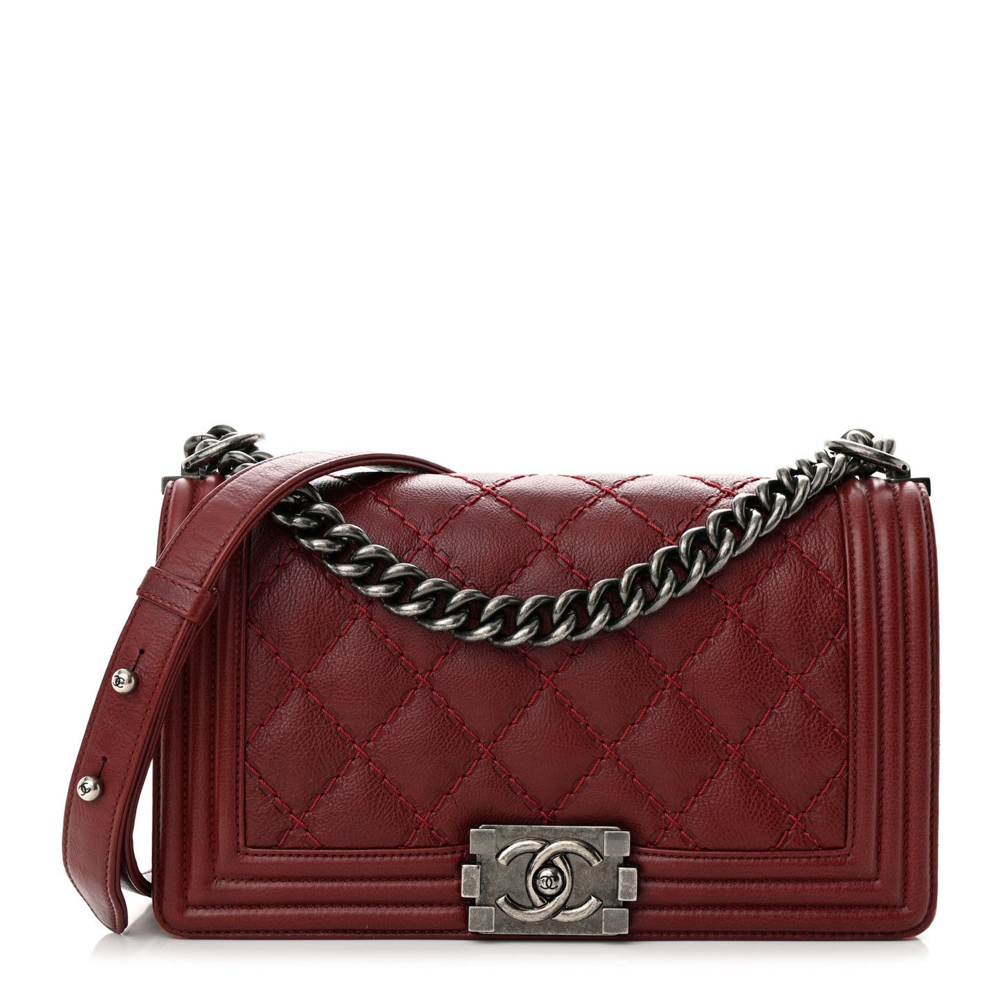 Calfskin Double Stitch Medium Boy Flap Burgundy