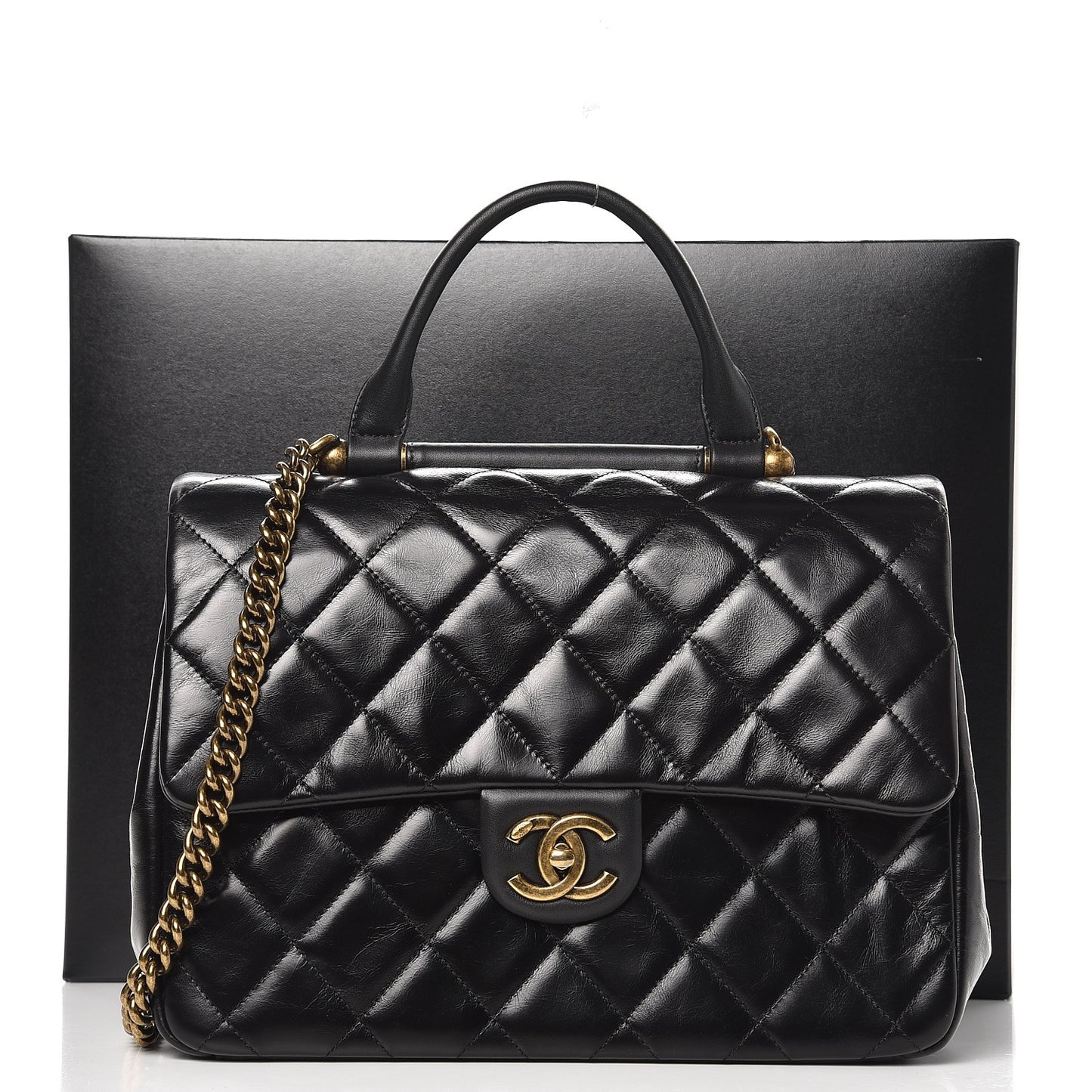 Calfskin Quilted Large Gold Bar Top Handle Flap Black