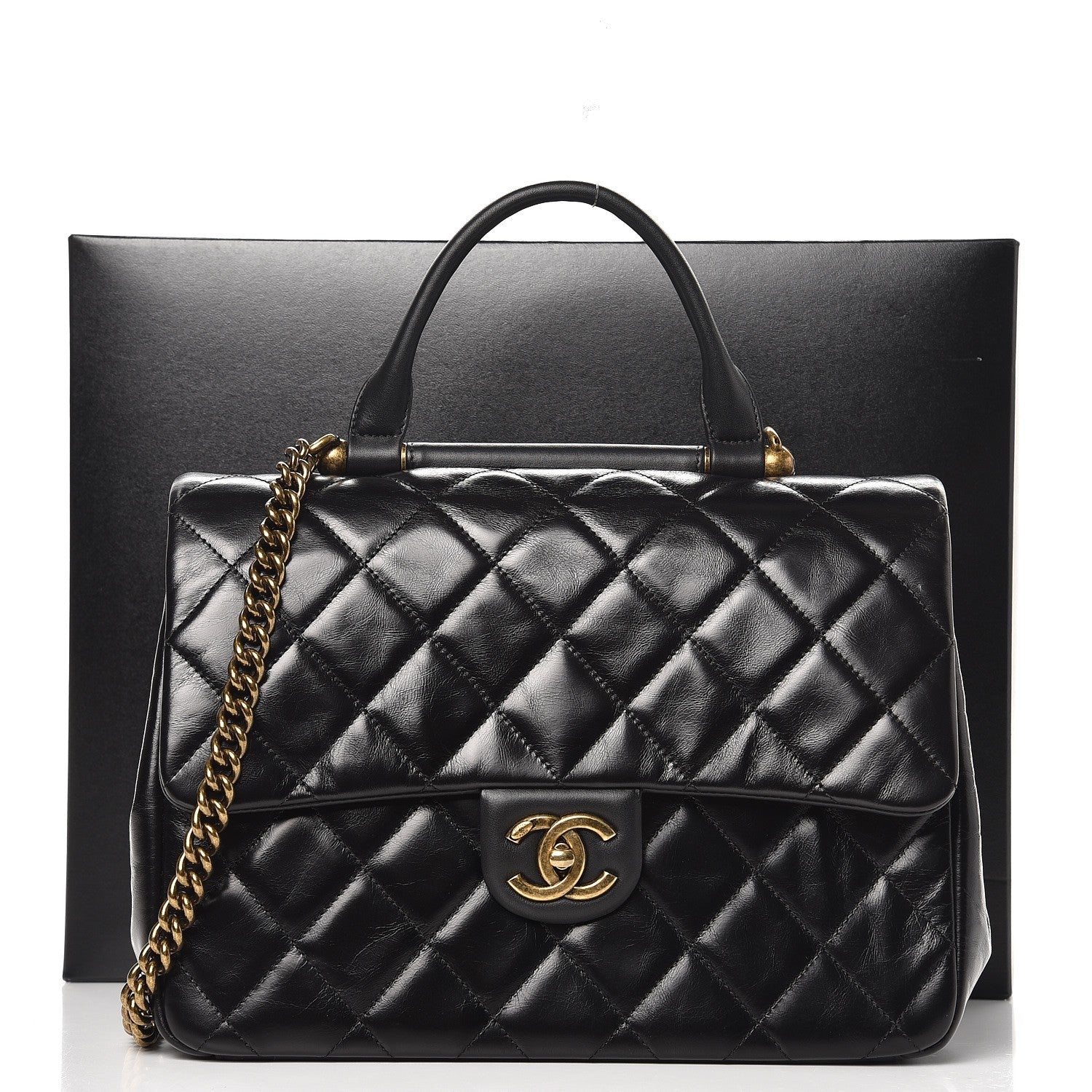 Chanel Calfskin Quilted Large Gold Bar Top Handle Flap Black 8 of 8