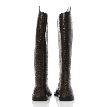 Fendi Calfskin Crocodile Embossed Karligraphy Logo Riding Boots 35.5 Maya 6 of 9