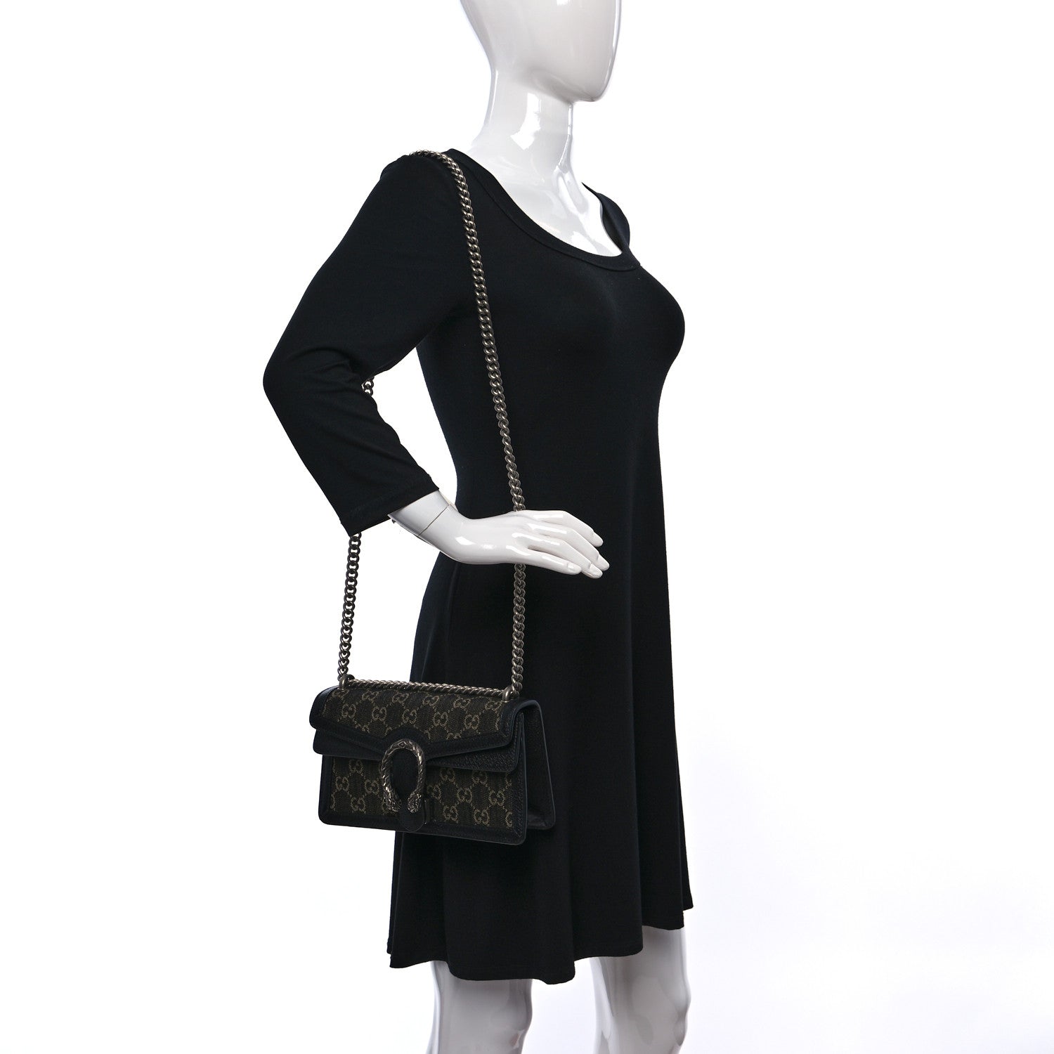 Gucci Jacquard Black Denim GG Monogram Textured Dollar Calfskin Small Dionysus Shoulder Bag Black Ivory 2 of 11