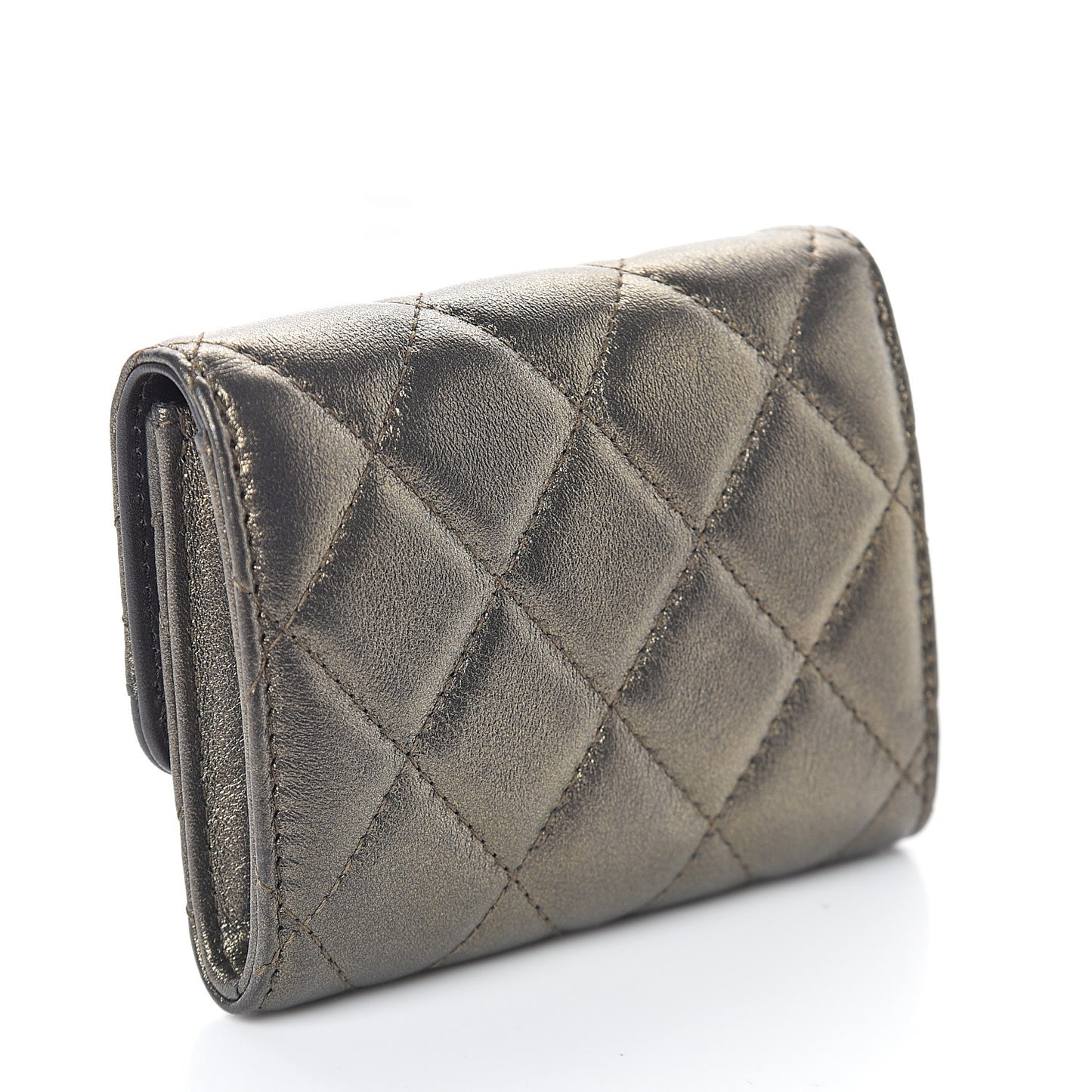 Metallic Calfskin Quilted CC Chic Flap Card Holder Dark Gold Grey