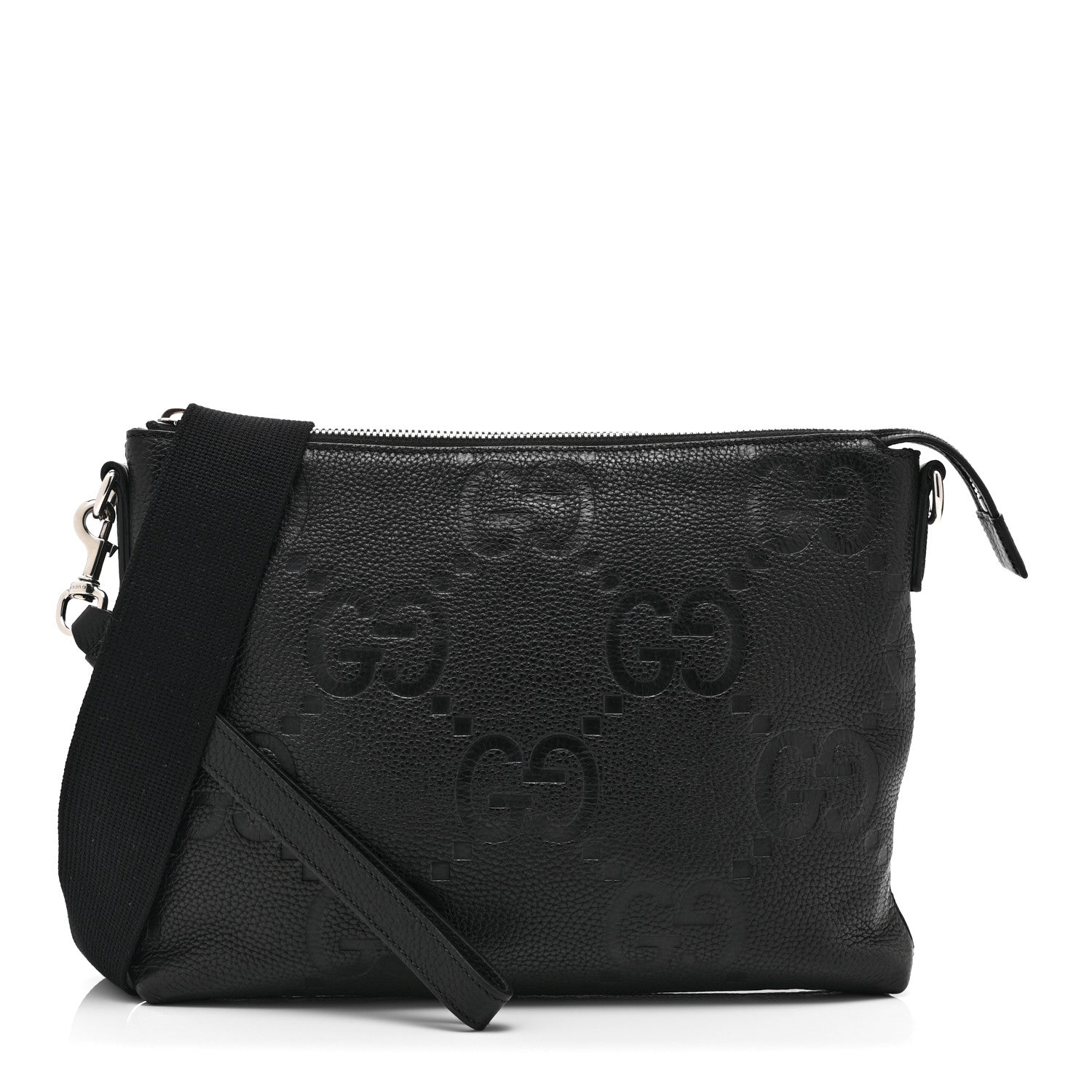 Gucci Piuma Calfskin Jumbo GG Embossed Medium Wristlet Messenger Bag Black 1 of 11