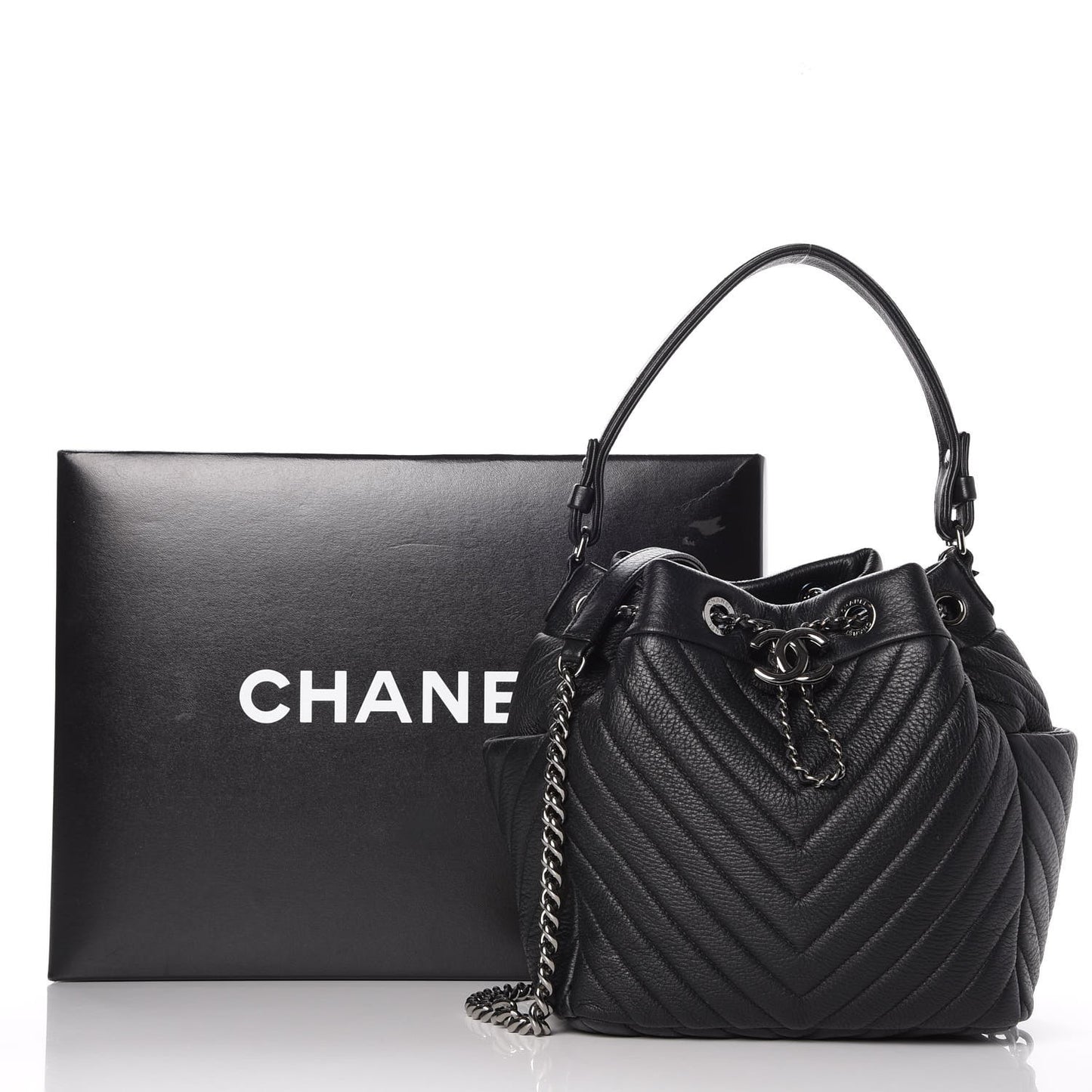 Deerskin Chevron Small CC Chain Bucket Bag Black
