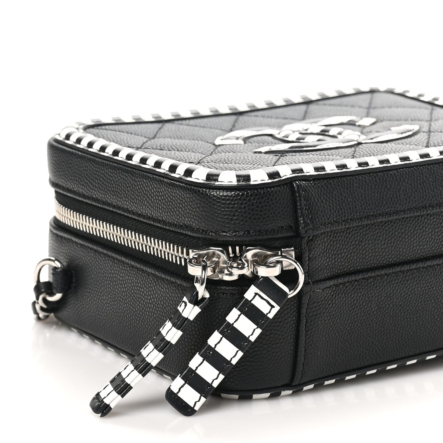 Caviar Quilted Striped Small CC Filigree Vanity Case Black White