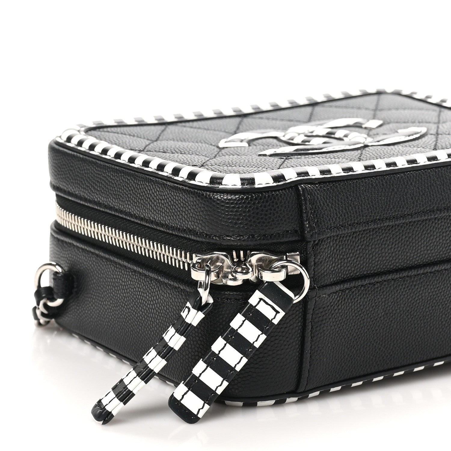 Chanel Caviar Quilted Striped Small CC Filigree Vanity Case Black White 9 of 10