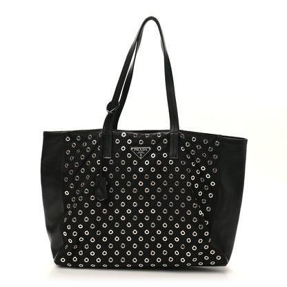 Prada Tessuto Nylon Calfskin Grommet Tote Black 1 of 9