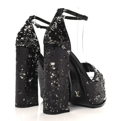 Louis Vuitton Sequin Calfskin Fame Platform Sandal 38 Black 5 of 9