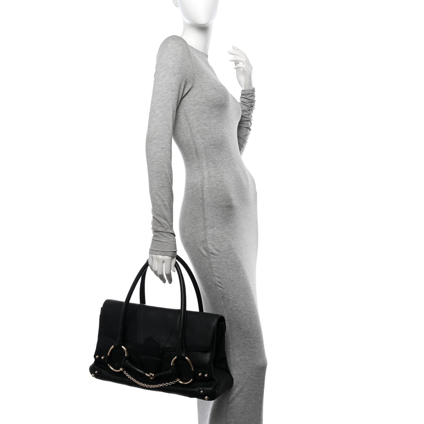 Grained Calfskin Large Horsebit Chain Flap Bag Black