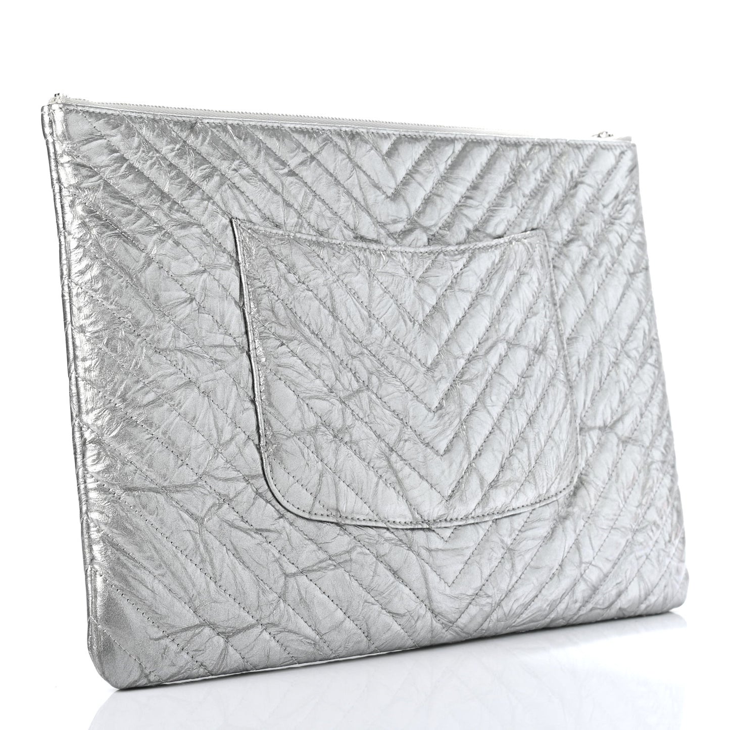 Metallic Crumpled Calfskin Chevron Quilted Large Cosmetic Case Silver