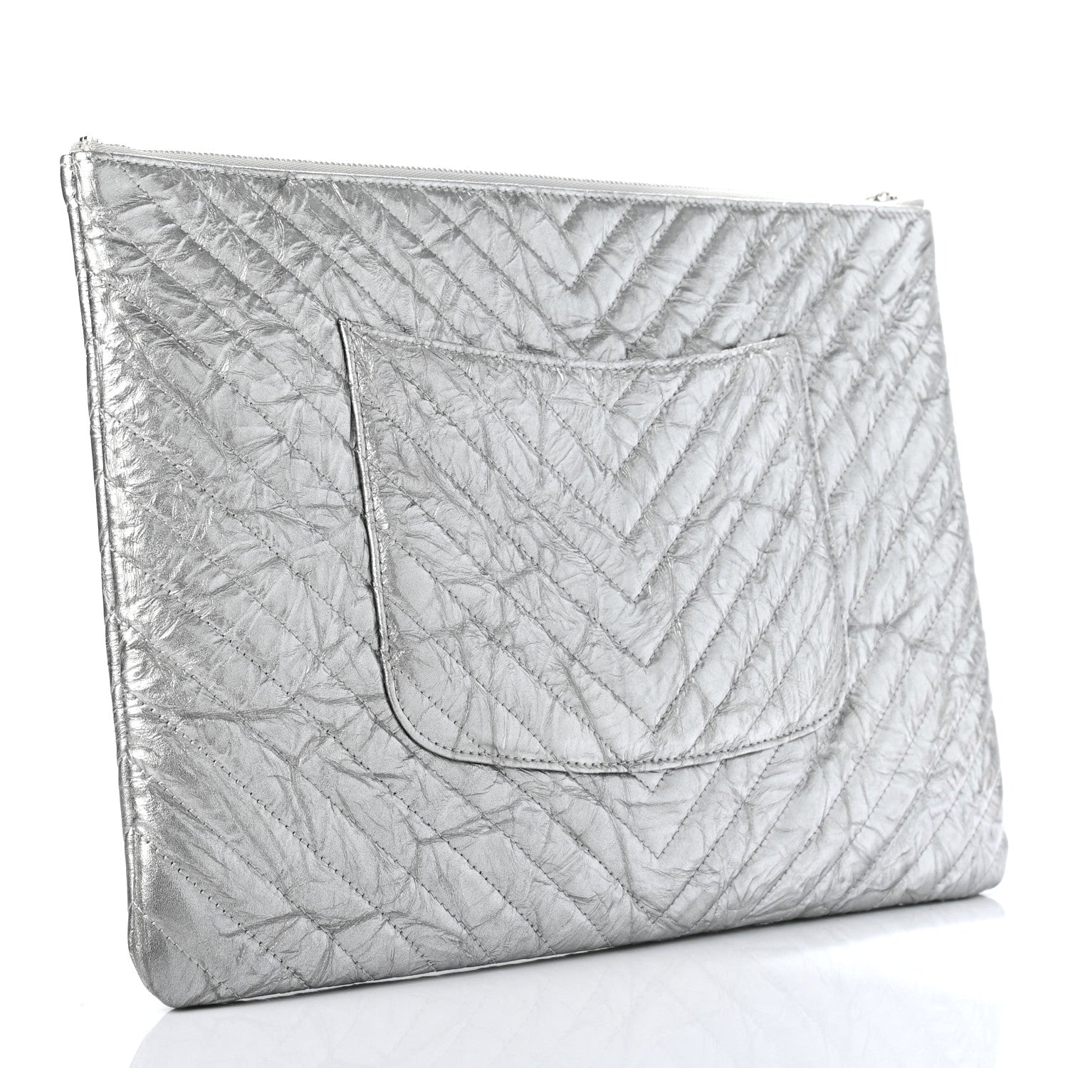Chanel Metallic Crumpled Calfskin Chevron Quilted Large Cosmetic Case Silver 2 of 6