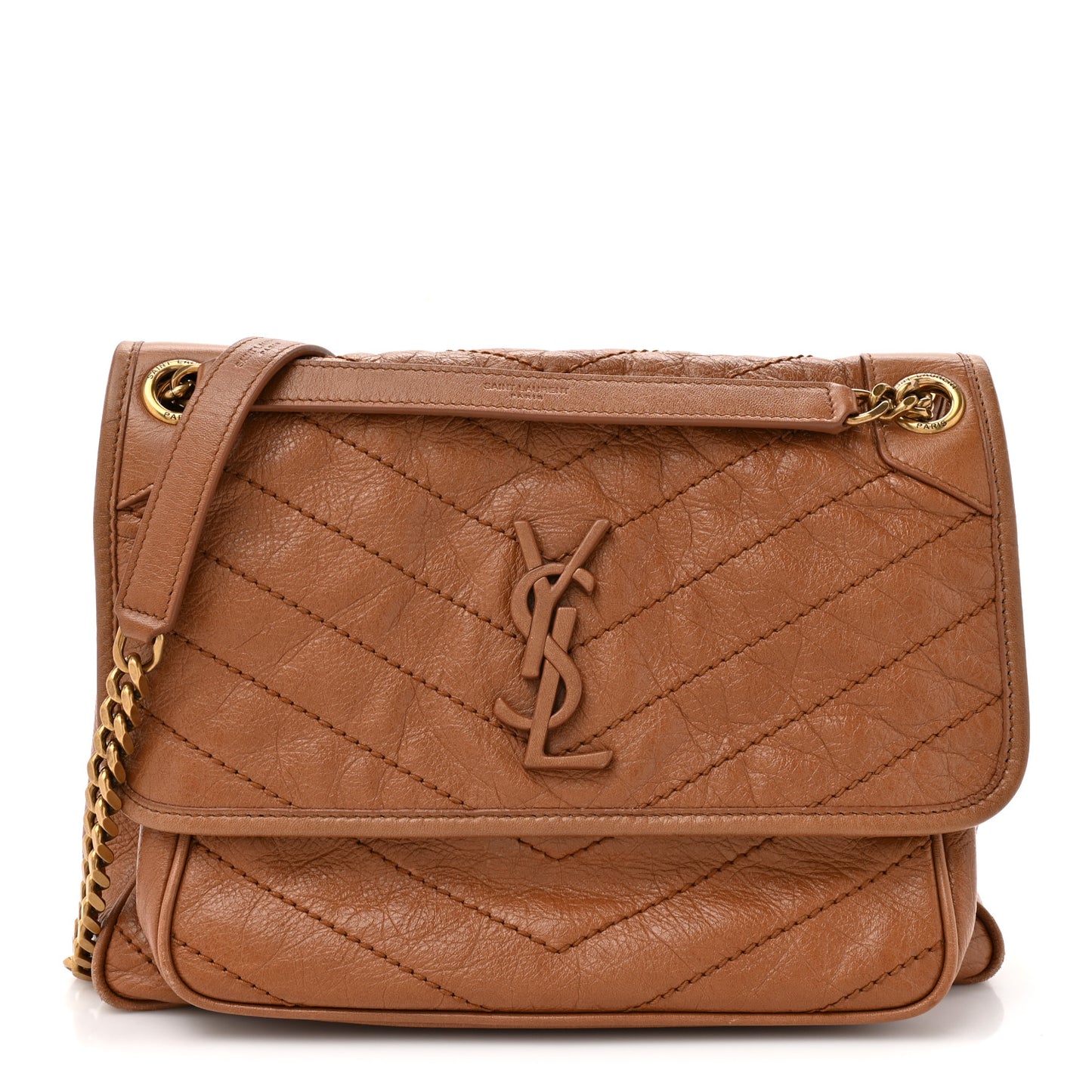 Crinkled Calfskin Matelasse Monogram Medium Niki Chain Satchel Caramel