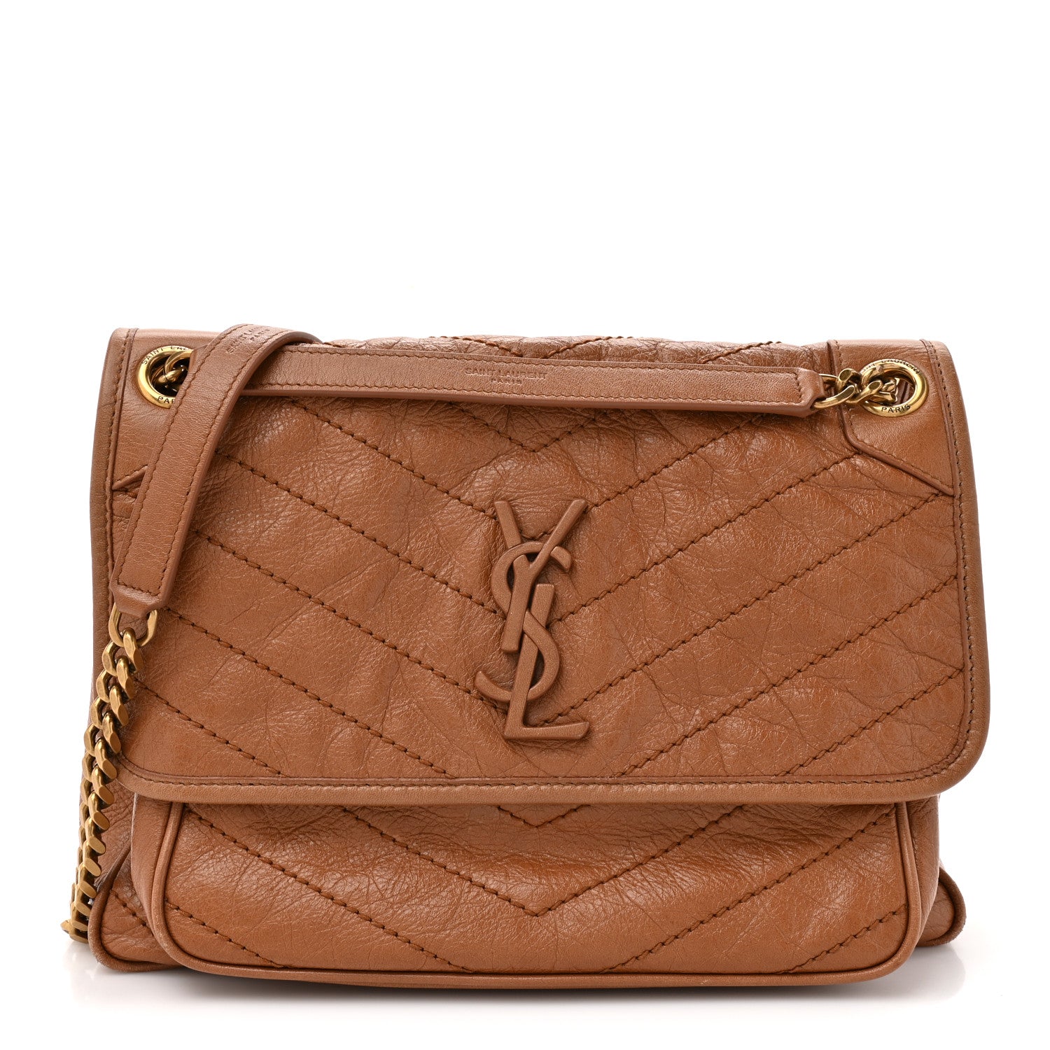Saint Laurent Crinkled Calfskin Matelasse Monogram Medium Niki Chain Satchel Caramel 1 of 14