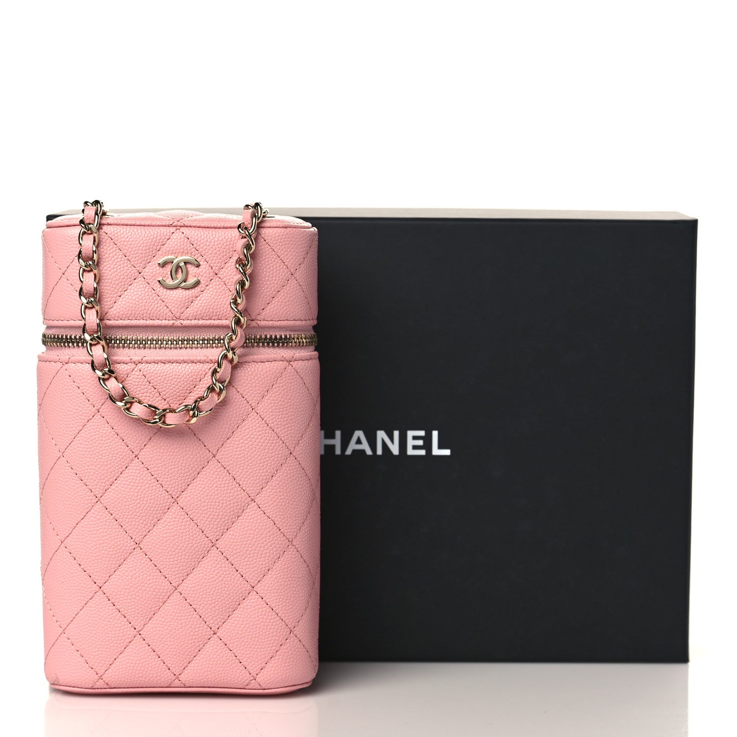 Caviar Quilted Phone Holder With Chain Pink