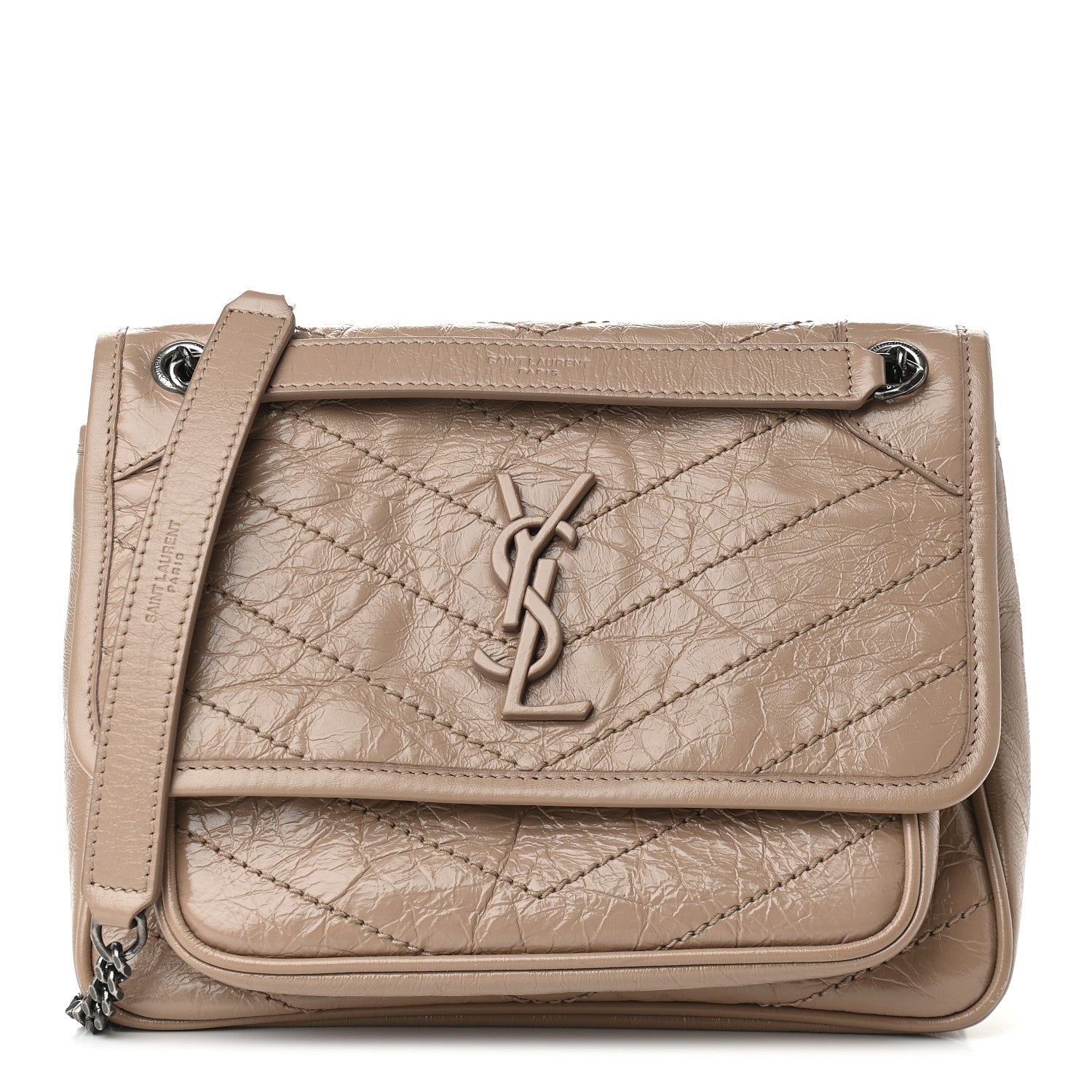 Saint Laurent Crinkled Calfskin Matelasse Monogram Baby Niki Chain Satchel Light Taupe 1 of 9