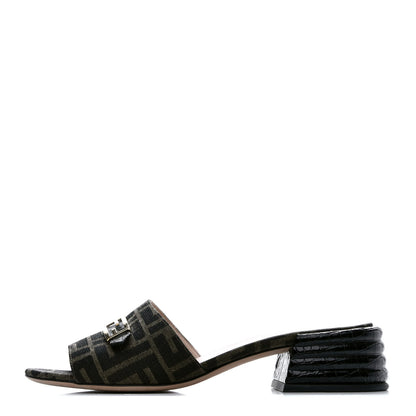 Fendi Jacquard Calfskin FF Crocodile Embossed Promenade Slide Sandals 39.5 Tobacco Moro Black 1 of 9