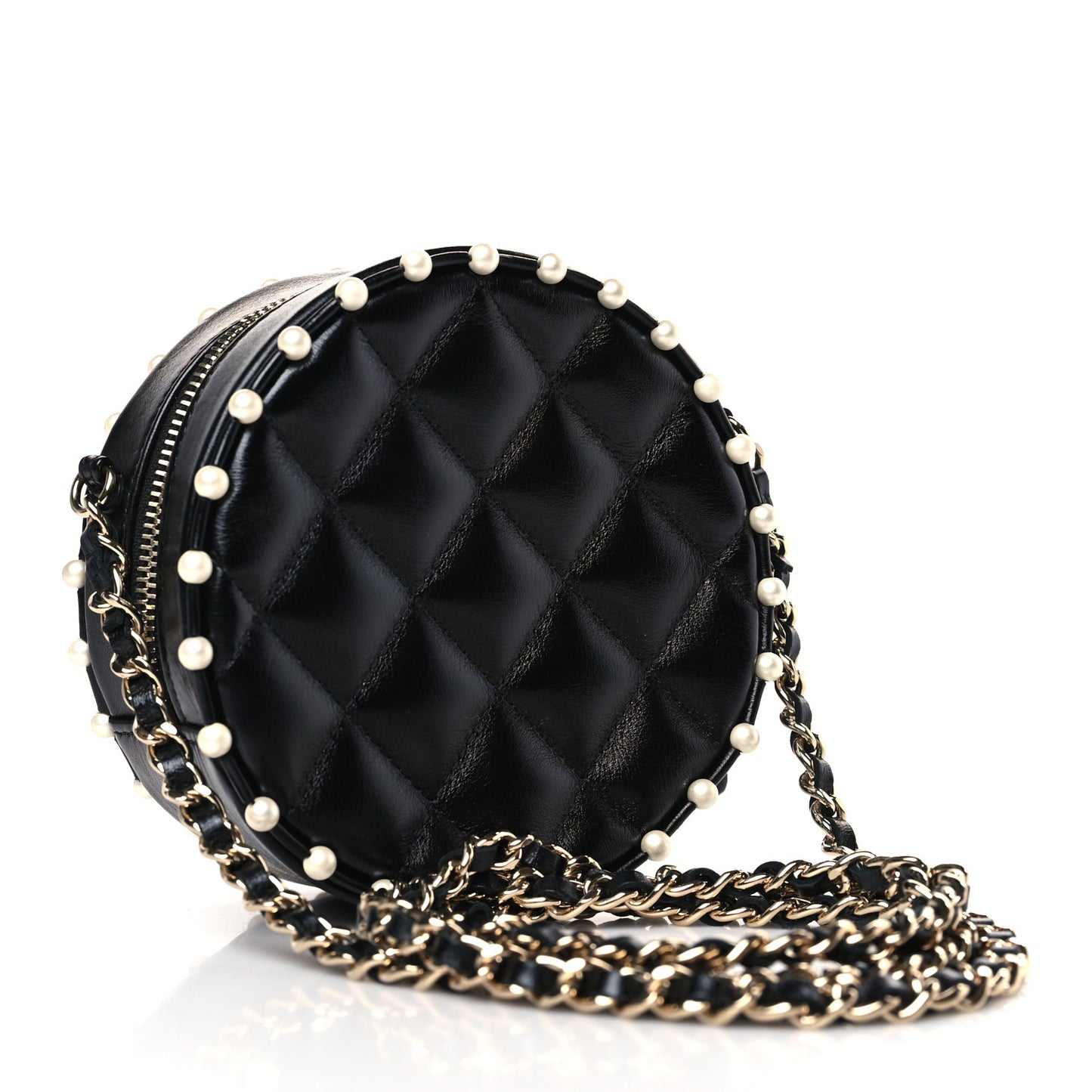 Calfskin Quilted Pearl Round Clutch With Chain Black