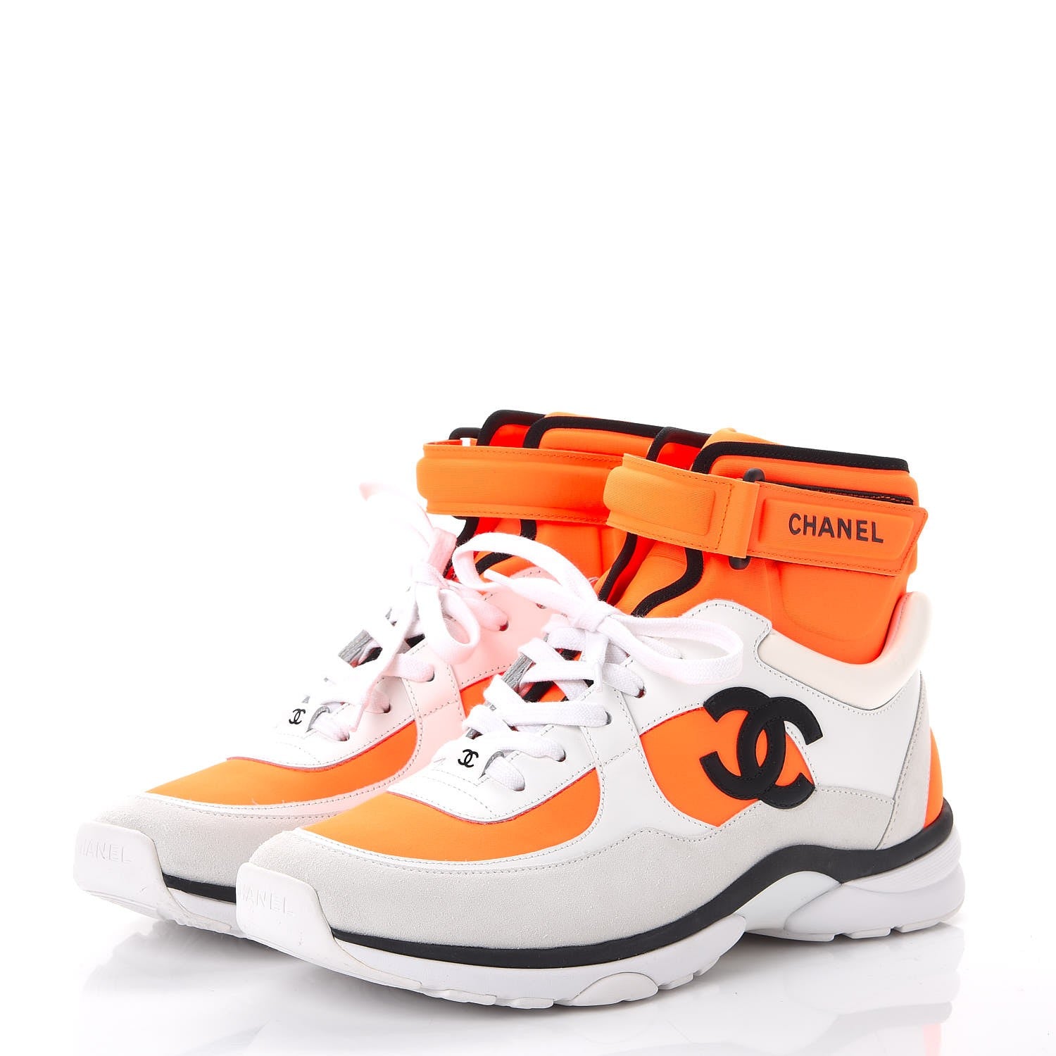 Chanel Suede Calfskin Lambskin Neoprene High Top CC Sneakers 41 White Fluo Orange 3 of 9