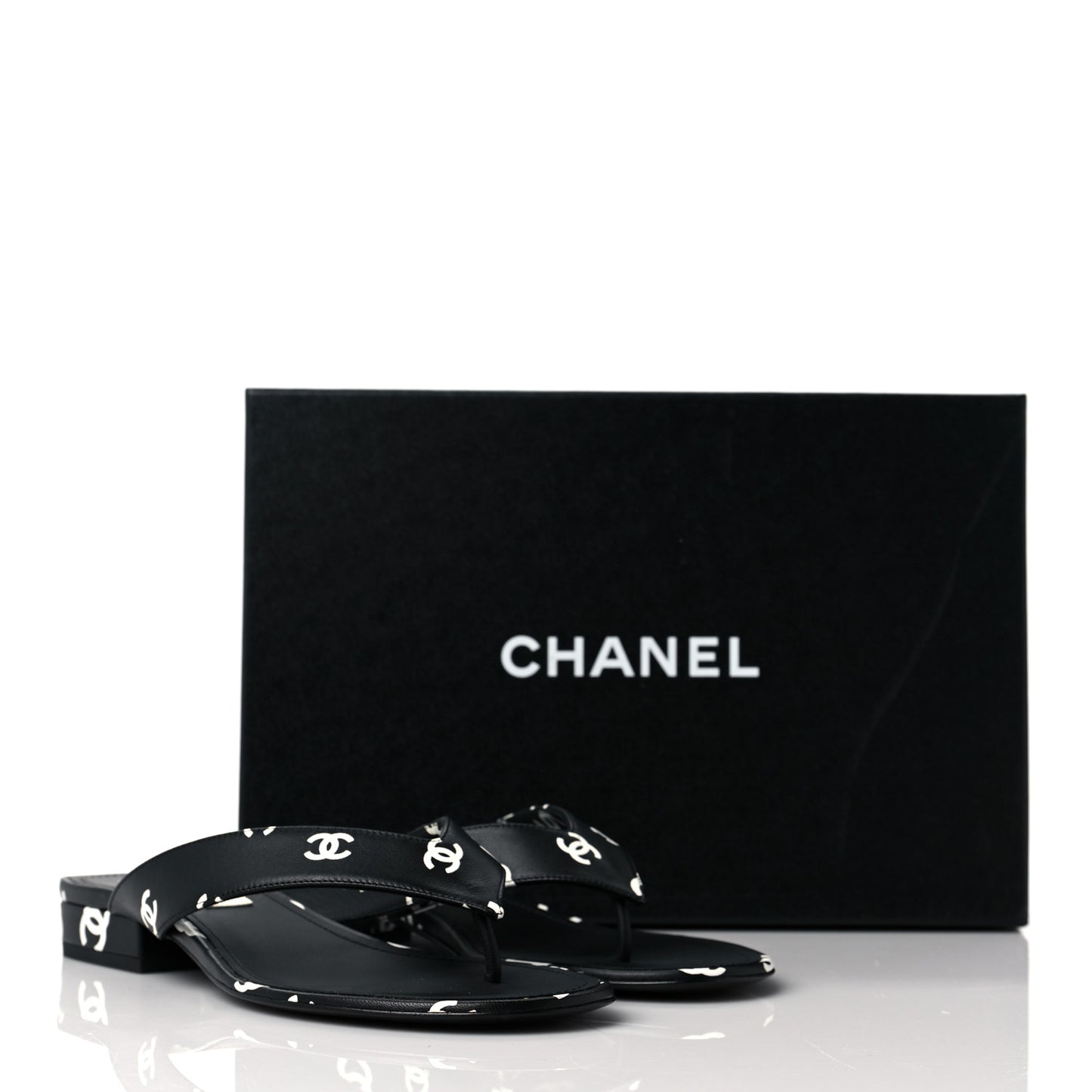 Lambskin Printed CC Thong Sandals 38.5 Black White