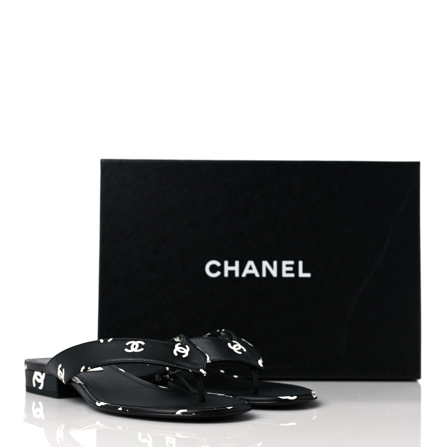 Chanel Lambskin Printed CC Thong Sandals 38.5 Black White 9 of 9