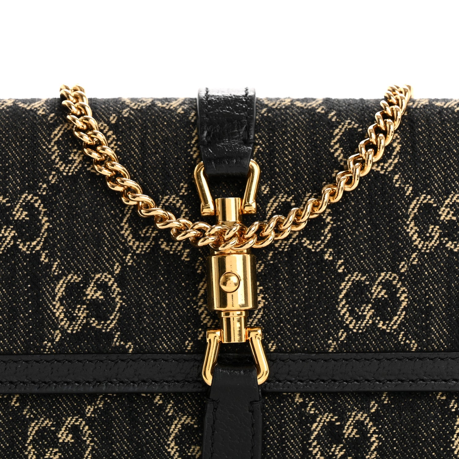 Gucci Jacquard Black Denim GG Monogram Textured Dollar Calfskin Jackie 1961 Chain Wallet Black Ivory 8 of 12
