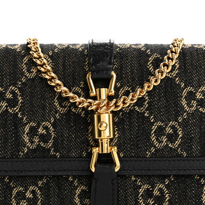 Gucci Jacquard Black Denim GG Monogram Textured Dollar Calfskin Jackie 1961 Chain Wallet Black Ivory 8 of 12