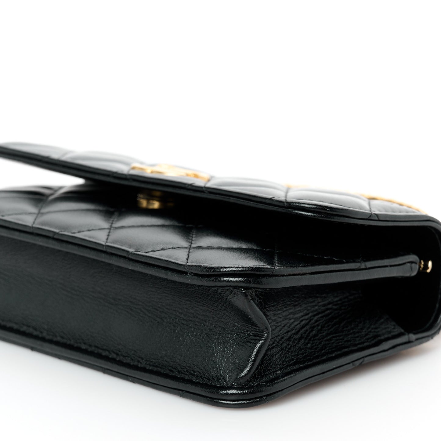 Shiny Calfskin Quilted Top Handle Flap Phone Holder With Chain Black