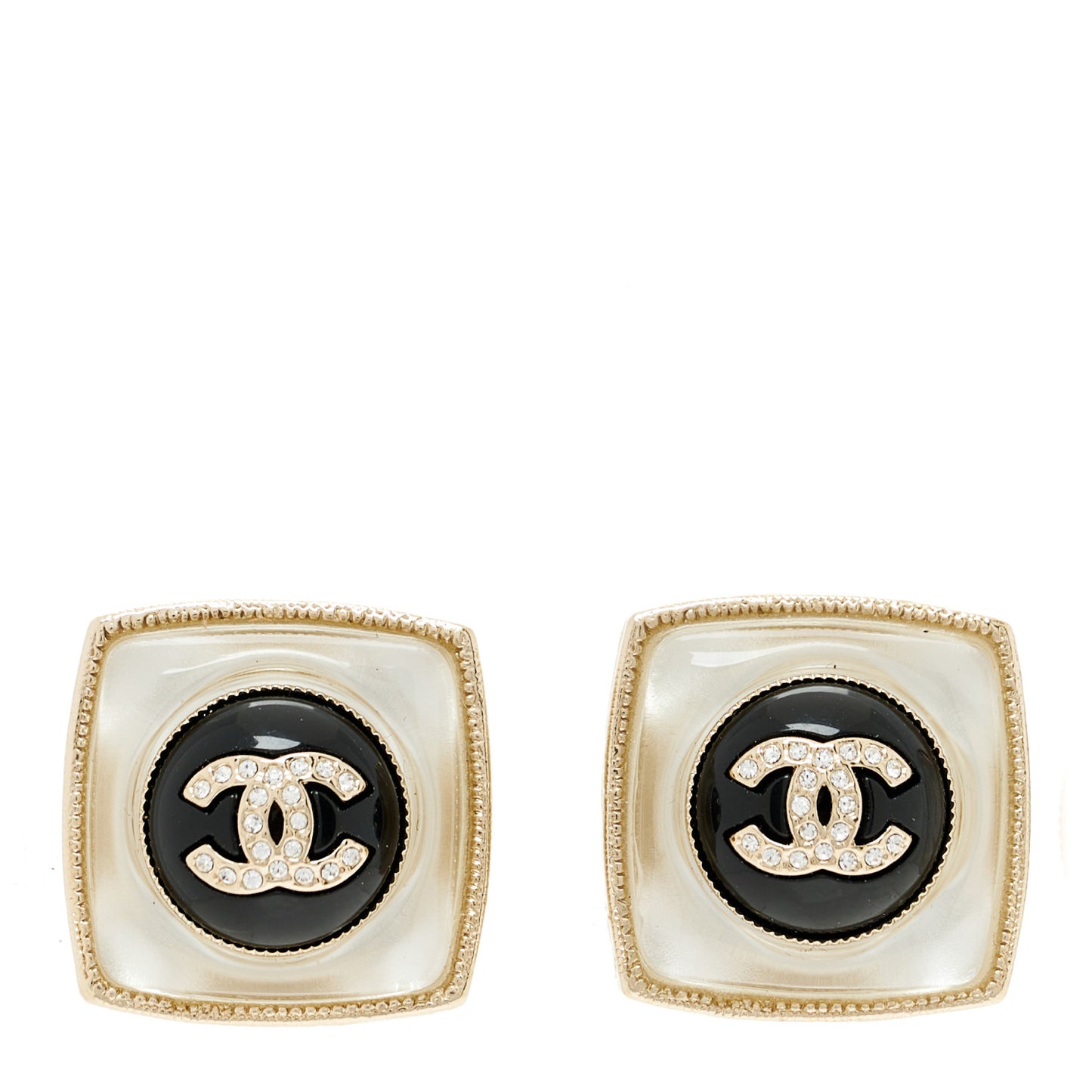 Metal Glass Pearl Strass CC Clip On Earrings Black Gold