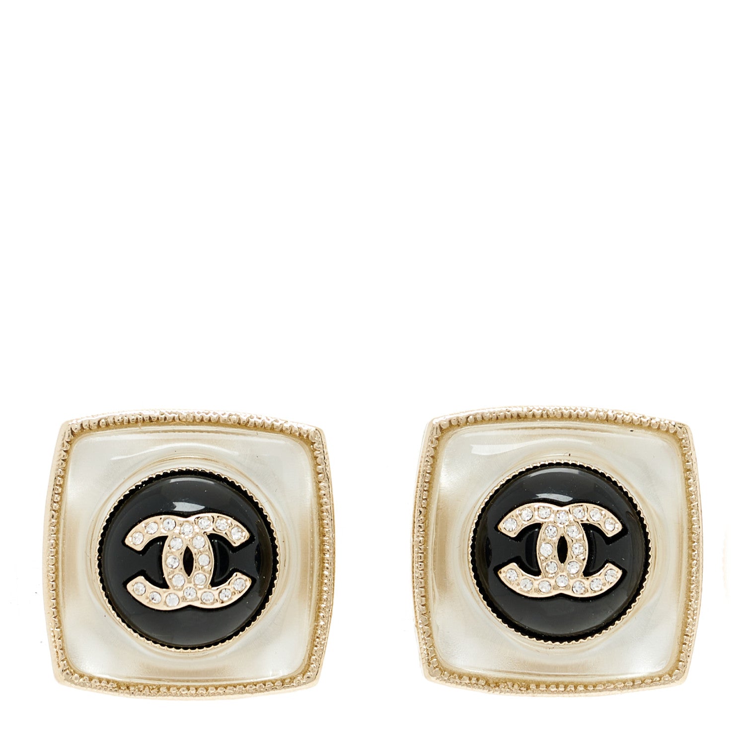 Chanel Metal Glass Pearl Strass CC Clip On Earrings Black Gold 1 of 5