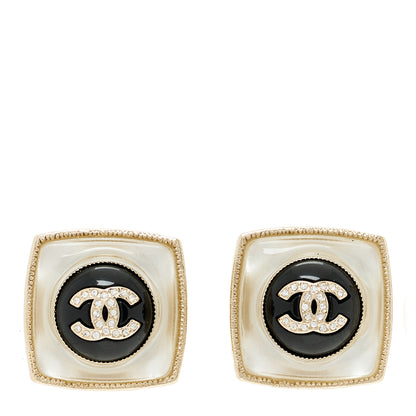 Chanel Metal Glass Pearl Strass CC Clip On Earrings Black Gold 1 of 5