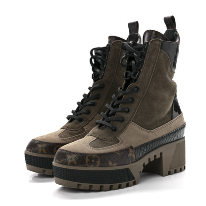 Louis Vuitton Suede Calfskin Monogram Laureate Platform Desert Boots 35.5 Taupe 3 of 9