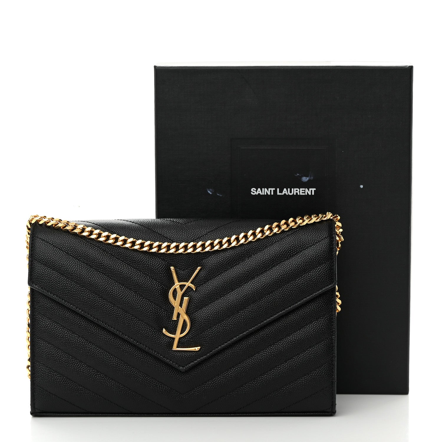 Saint Laurent Grain De Poudre Matelasse Chevron Monogram Chain Wallet Black 15 of 15
