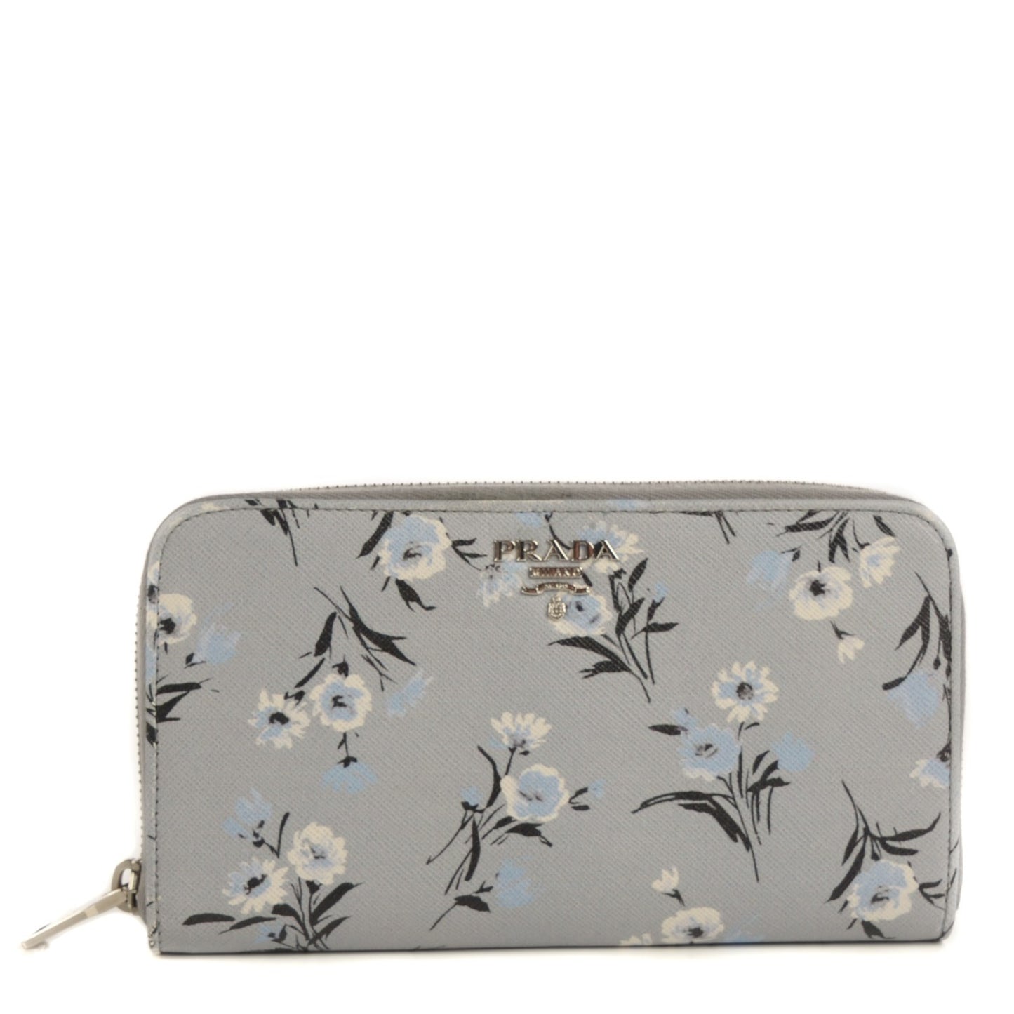Saffiano Floral Print Metal Zip Around Wallet Acciaio