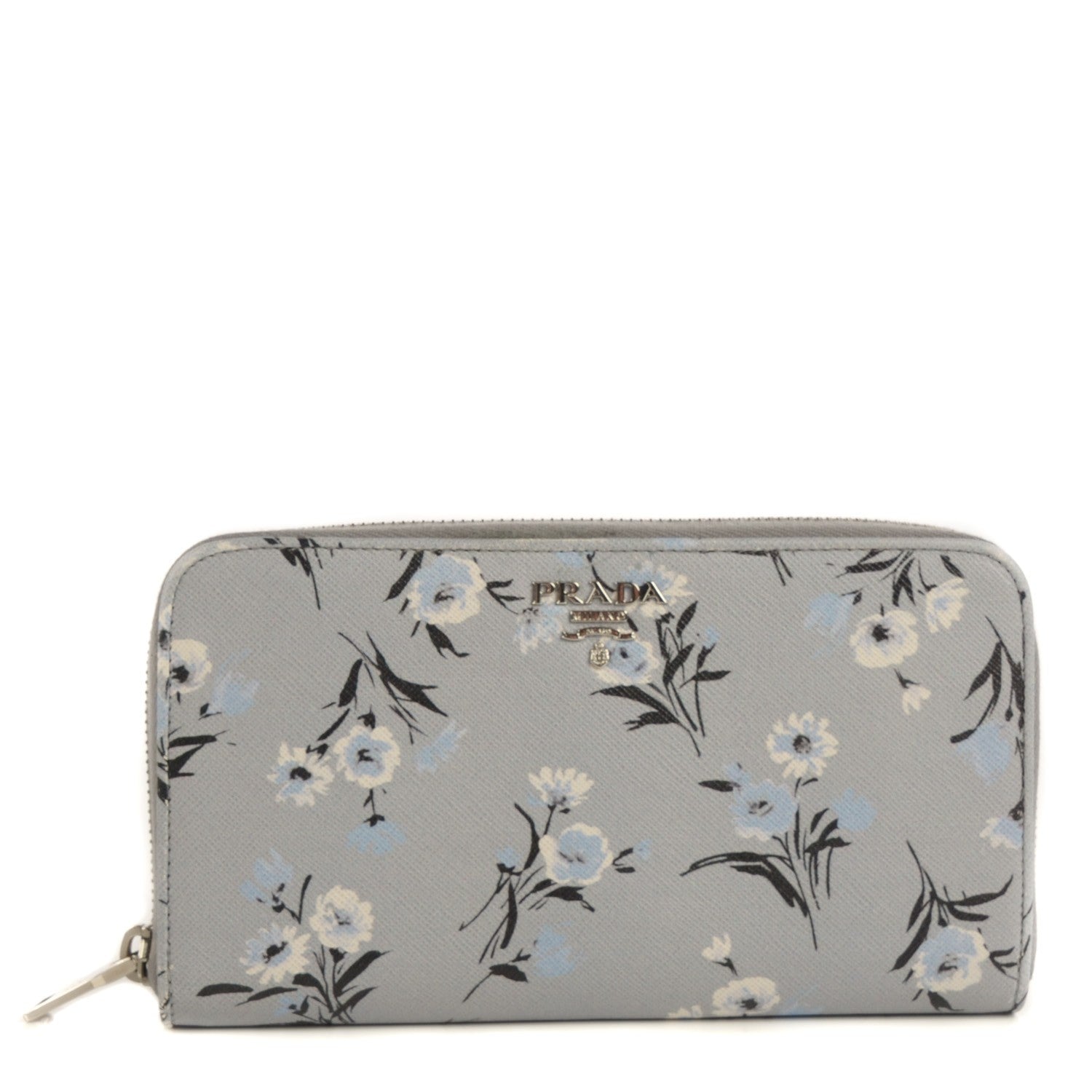 Prada Saffiano Floral Print Metal Zip Around Wallet Acciaio 1 of 10
