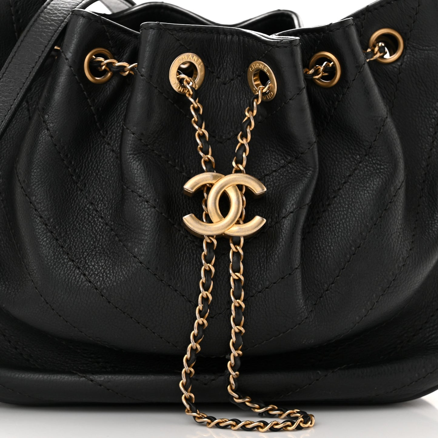 Grained Calfskin Chevron Drawstring Bucket Bag Black