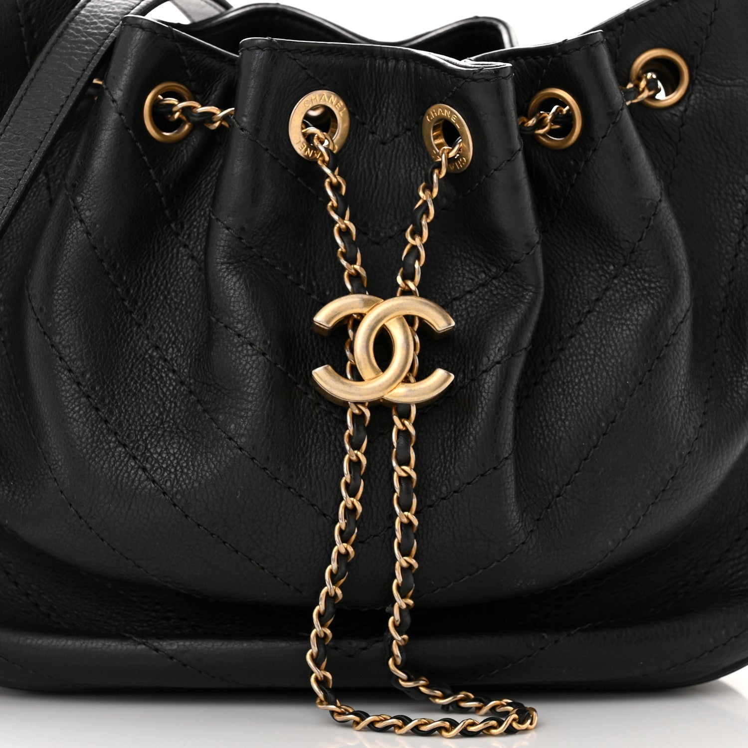 Chanel Grained Calfskin Chevron Drawstring Bucket Bag Black 8 of 12