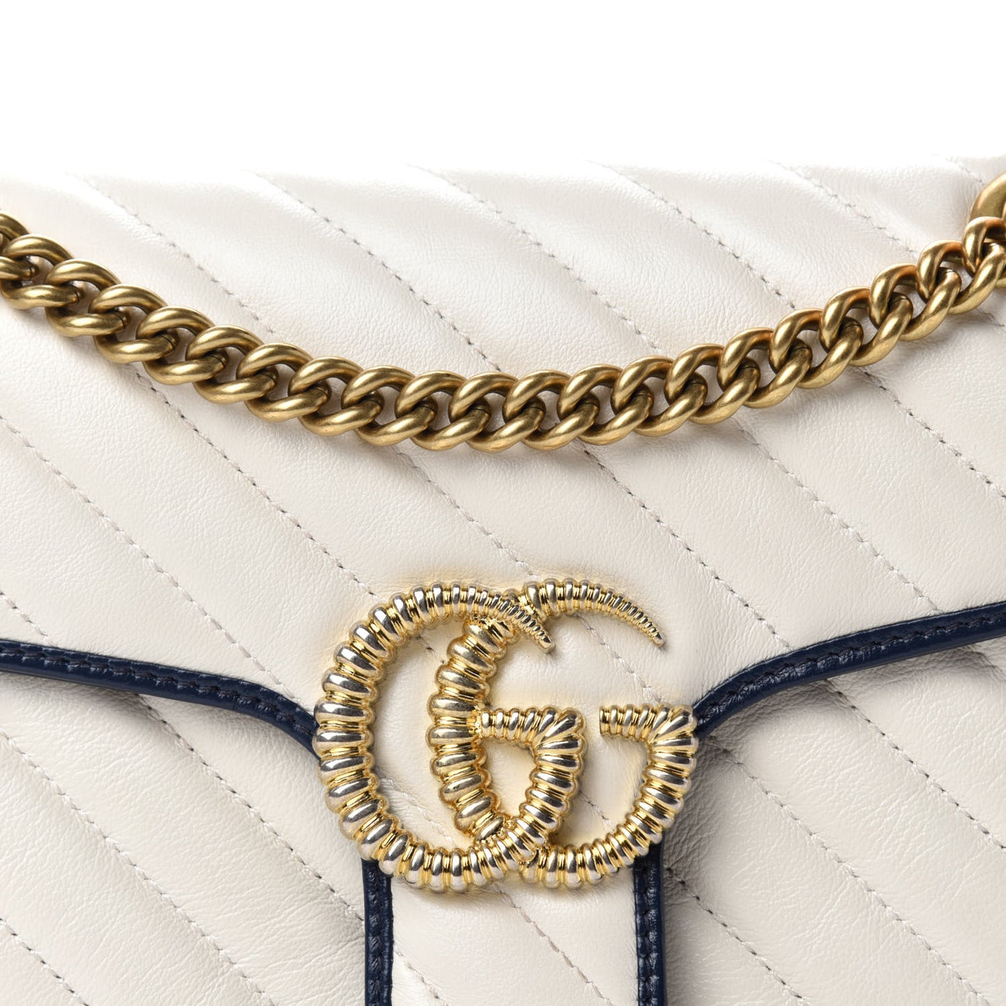 Vintage Effect Calfskin Matelasse Diagonal Small Torchon GG Marmont Shoulder Bag Mystic White Blue Agata