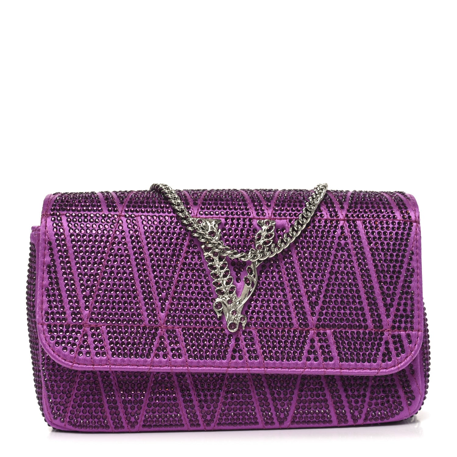 Versace Satin Crystal Virtus Chain Clutch Purple 1 of 10