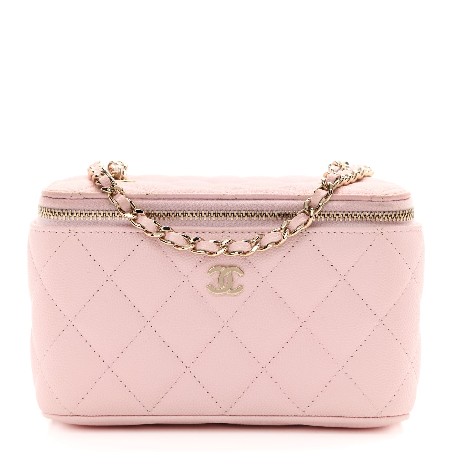 Caviar Quilted Small Vanity Case With Chain Light Pink
