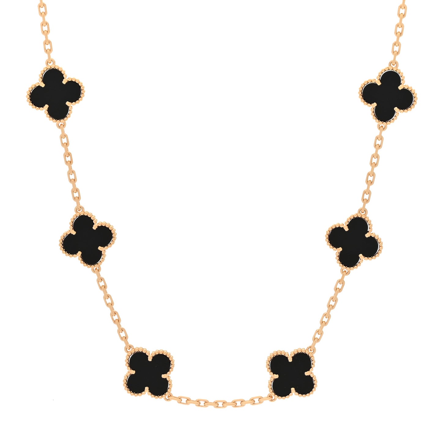 18K Yellow Gold Black Onyx 10 Motifs Vintage Alhambra Necklace